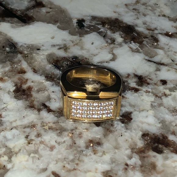 Vintage Unisex Gold Plated CZ Paved Ring, Stainless Steel, Approx. Size 8 - Picture 1 of 6